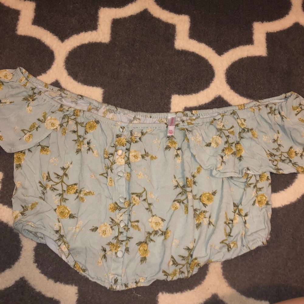 Light Blue Floral Off The Shoulder Crop Top